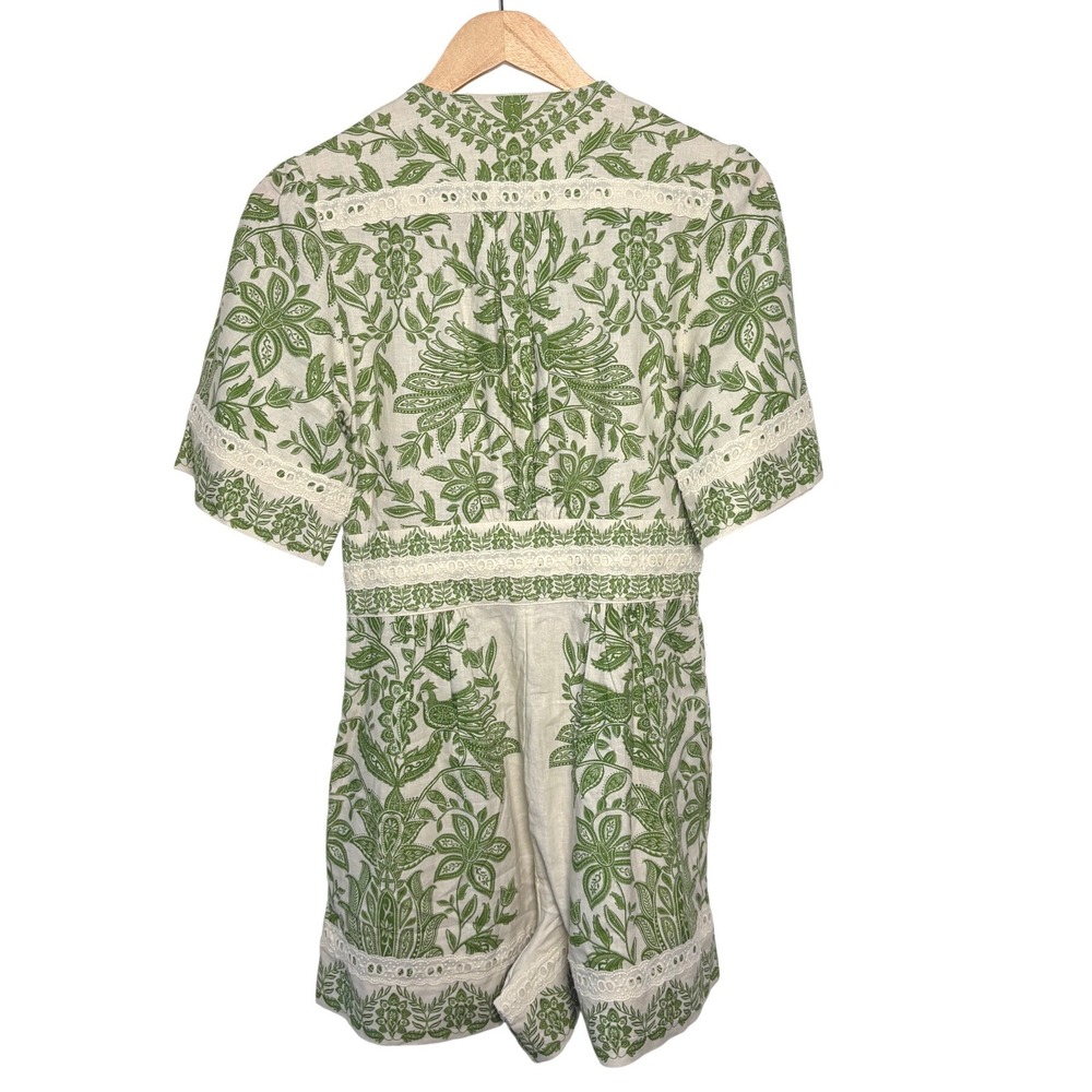 Farm Rio Green White Floral Embroidered Linen Miranda Romper Small - Picture 2 of 7